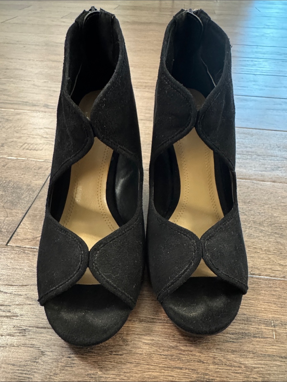 Impo Black Suede Scalloped Open-Toe Heels